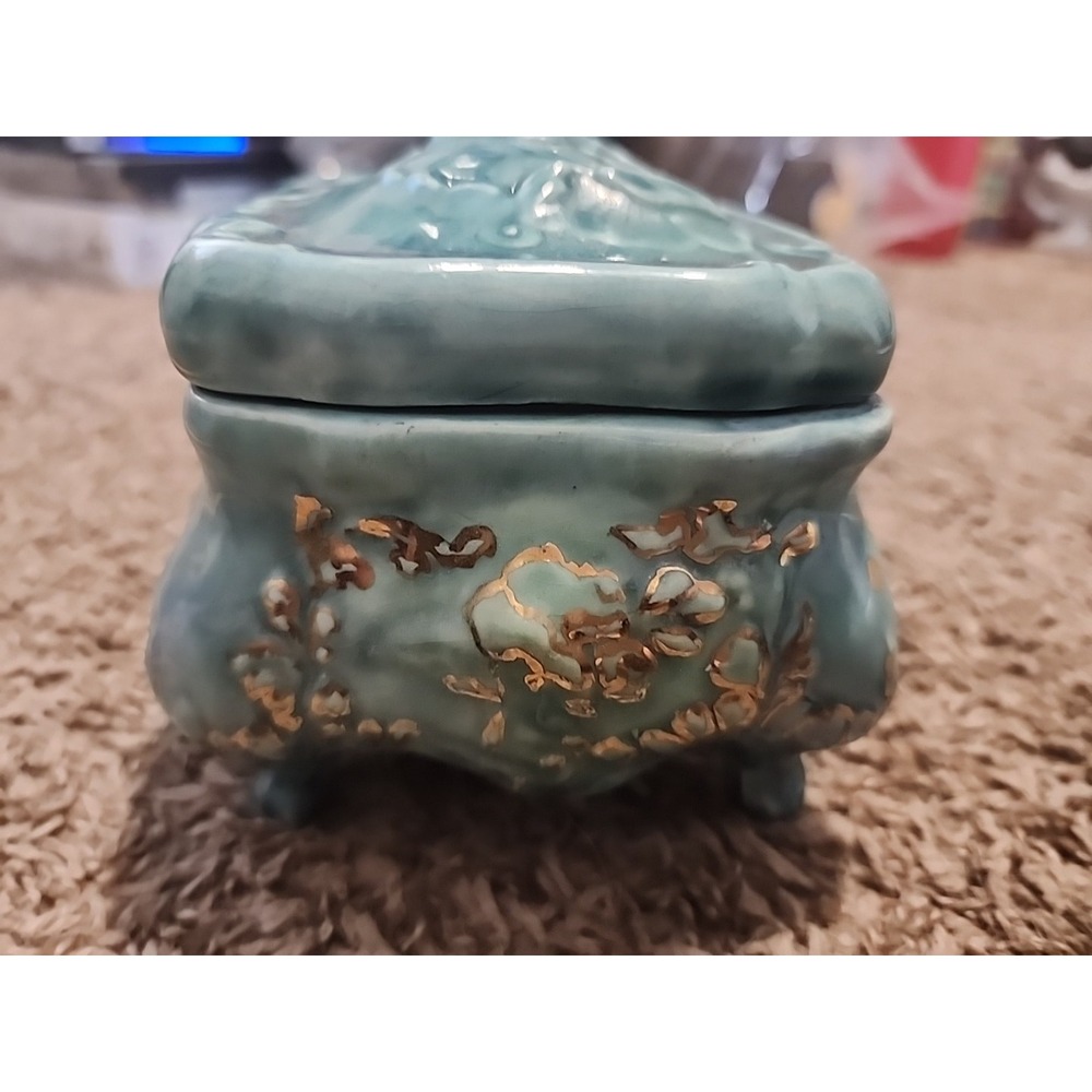 Asian Inspired Ceramic Trinket Box Turquoise Brown 5 1/2"x4" - Picture 4 of 7